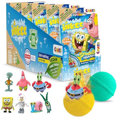 INKEE SpongeBob SquarePants confezione da 5 bombe da bagno per bambini con sorpresa - figure collezionabili di SpongeBob - 5x sfere da bagno da 80 g al gusto di gomma da masticare e olio di jojoba