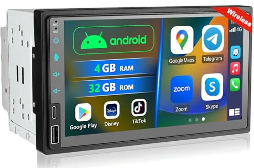 Doppel Din Android Autoradio mit Wireless Carplay, 7 Zoll Auto Radio Bluetooth mit Bildschirm, 2 Din Autoradio CarPlay Display mit Navi, WiFi, AM/FM/RDS, AUX/SWC, 8 Core 4+32G