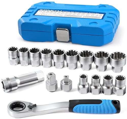 ZOMIYU Steckschlüsselsatz, 3/8 Zoll & 1/2 Zoll, 17-teilig, metrisches Go-Thru-Ratschen-Set, niedriges Profil für lange Schrauben und enge Räume, inklusive Verlängerungsstange und Adaptern, Cr-V-Stahl