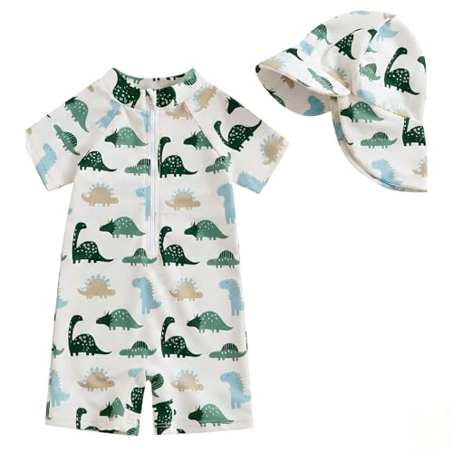 WYTbaby Traje de Baño con Protección contra Erupciones para Bebé Niño Niña con Sombrero de Sol Manga Corta de Una Pieza con Cremallera para Lactante Traje de Baño para Niños Pequeños, Verde, 6-12