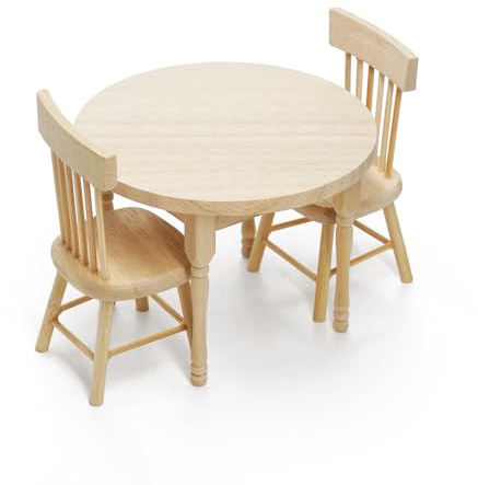 Odoria Miniatura Mesa de Comedor y Sillas: 3Pzs Escala 1/12 Mesa Redonda para Cocina Restaurante Comedor Vintage - Mini Muebles Casa de Muñecas Madera No Pintado