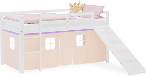 Homestyle4u Lit mezzanine avec toboggan - 90 x 200 cm - Blanc - Pour fille - En pin massif - Avec rideau - Violet et beige - Échelle et protection contre les chutes