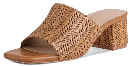 MeiLuSi Womens Raffia Slide Sandals Chunky Block Heels Square Open Toe Summer Sandals Vacation Dressy Shoes Beach Slides Slip On Raffia Brown Size 8