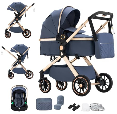 BEBBY passeggino trio, combinazione passeggino 3 in 1 cittadino con passeggino portatile con neonato pieghevole di lusso con modello ad alta vista (U9-X-BLUE, U9-X)