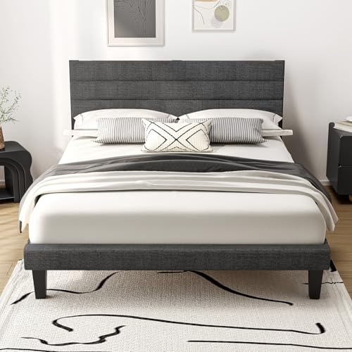 Bonnlo 4ft6 Double Bed Frame,Noise-Free Upholstered Platform Bed with Adjustable Headboard & Under Bed Storage-Sturdy Wooden Slat Support-No Box Spring Needed, Linen-like Fabric,Light Grey,135x190cm