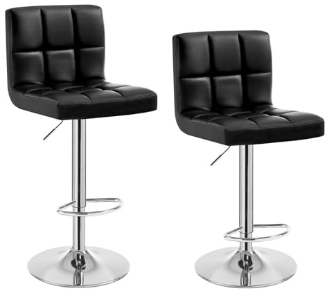 WOLTU 2X Taburete de Bar con Respaldo Cuero Sintético, Negro+Plata | Altura Regulable, para Bistro, Cafeteria y Cocina, Patas de Madera