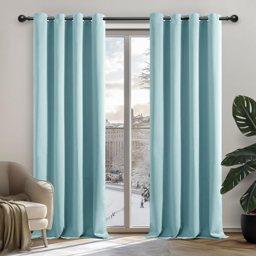 Deconovo Ogenomskinliga mörkläggningsgardiner med köldskydd för fönster, ungdomsrum, 214 x 132 cm (längd x bredd), himmelsblå, set om 2