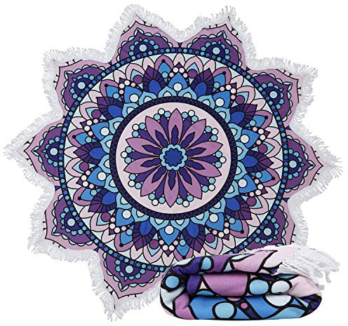 Violet Mist Mandala Round Beach Towel Blanket, Oversized Circle Microfiber Hippie Boho Bohemian Sandproof Flower Towel, Soft 60 inch Beach Towels with Tassels for Women Adult Swim Pool Yoga, Purple