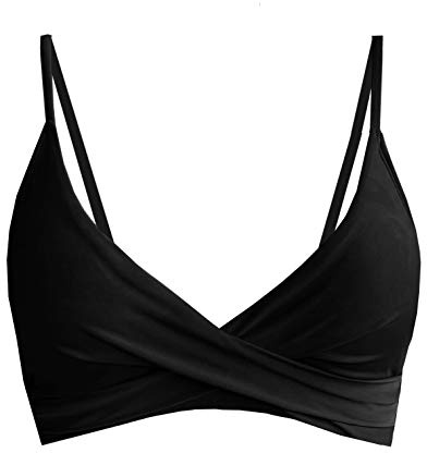 Women's Push Up Sexy V Neck Adjustable Twist Ruched Front Bikini Swimsuit Top Only Black