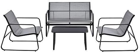 [en.casa] Set di Mobili da Giardino 2 Sedie Tavolino con Piano in Vetro e Divano a 2 Posti con Schienale e Braccioli Set Salotto da Esterno con Telaio in Acciaio - Grigio Chiaro/Nero