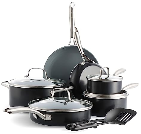 GreenPan 12 Piece Swift Ceramic Nonstick Cookware Set, PFAS-Free, Induction Ready, Hard Anodized Pots & Pans with Lids, Compatible on All Cooktops, Dishwasher & Oven Safe, Gray