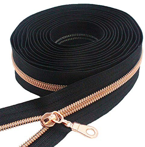 MebuZip 9 m Roségold endlos Reißverschluss Meterware Reißverschluss Nylon 6mm-Spirale + 25 Nonlock-Zipper für Taschen Deko DIY Basteln Nähen (Roségold Schwarze)