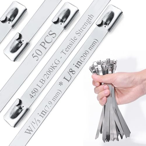 Edelstahl Kabelbinder 50 Stück, 200mm x 7,9mm (V2A), Extra Stark mit 200kg Zugfestigkeit, Metall-Kabelbinder für Auspuff, Industrie & schwere Lasten