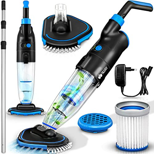 tillvex Poolsauger mit Akku | Pool Bodensauger Teleskopstange elektrisch | Poolreiniger mit Filter & 2-Geschwindigkeits-System | Handsauger Reinigungsset kabellos (Bis zu 25 m³ - Mit Teleskopstange)