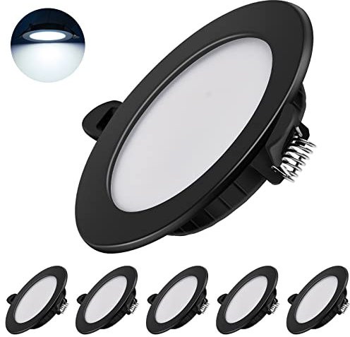 Dexnump Spot encastrable LED ultra plat 230V - Lot de 6 spots encastrables 7W Spots de plafond énergétique Spots encastrables IP44 pour salle de bain cuisine salon (Noir,6000K)