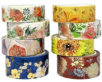 allydrew Nature Metallic Foil Washi Tape Set for Scrapbooking, Stationery, Diary, Card Making, (8 Rolls), Floral Bloom