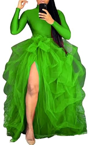 Vestido largo tutú con abertura alta para mujer, falda larga de tul con volantes y encaje de malla, vestido de noche multicapa hasta el suelo, falda de fiesta de noche de boda, verde, Altoa única