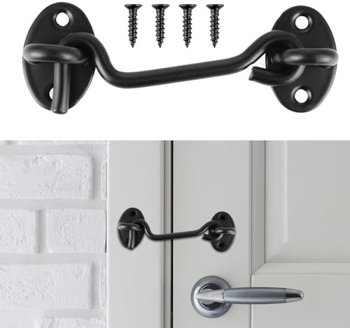 Amabro Sturmhaken mit Öse,11.6cm Edelstahl Kederleisten Haken,Fensterhaken Türhaken Zum Einhängen Sturmhaken Schwarz Kabinenhaken Kabine Haken Tuerhaken Riegel mit 4 Montage Schrauben für Scheunentor