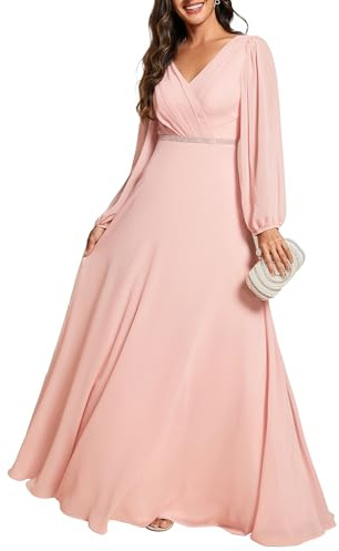 Ever-Pretty Abiti da Ospite per Matrimonio Manica Lunga Stile Impero Abito Elegante Donna Cerimonia Casual Rosa 44
