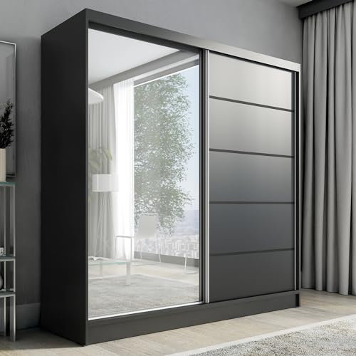 A&J MöbelLand Schwebetürenschrank Nero Kleiderschrank 2-türig mit Schubladen und Spiegel, Garderobe 200 cm (Schwarz)