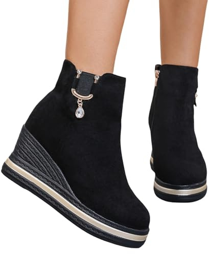 MEECHI Stivaletti con Zeppa 7,5 Cm Ankle Boots da Donna con Fibbia in Strass Stivali Corti in Camoscio Vintage Booties Autunno-Inverno con Cerniera 2024 Nuove Scarpe alla Caviglia(38 EU)