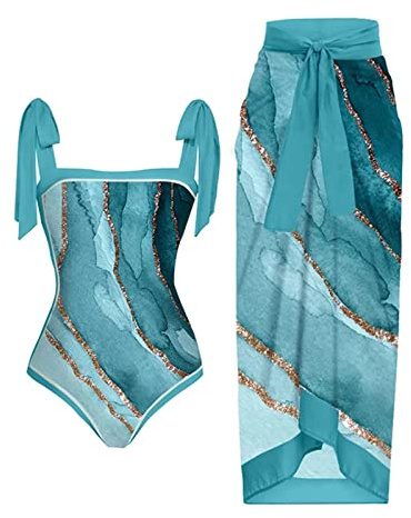 Traje de baño para Mujer, Traje de baño Push-up Adelgazante, Conjunto de Tankini de Dos Piezas con Cuello en V, Traje de baño de una Pieza con Falda Envolvente Trajes