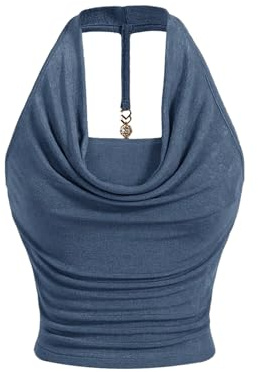 GORGLITTER Women's Ruched Halter Neck Top Going Out Tops Blue