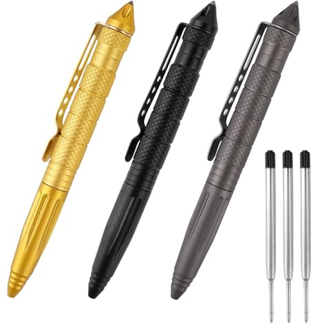 3 Pezzi Penna Tattica con 3 Set di Ricariche, Penna Tattica, Strumento Antiossidanti Multifunzionale per Autodifesa, Regali per Uomini Strumento di Scrittura