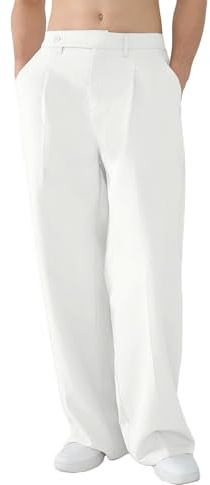 FEDTOSING Dress Trousers for Men Wide Leg Baggy Work Trousers Mens White Pleated Casual Relaxed Fit Pants Elastic Waist Y2K Pants