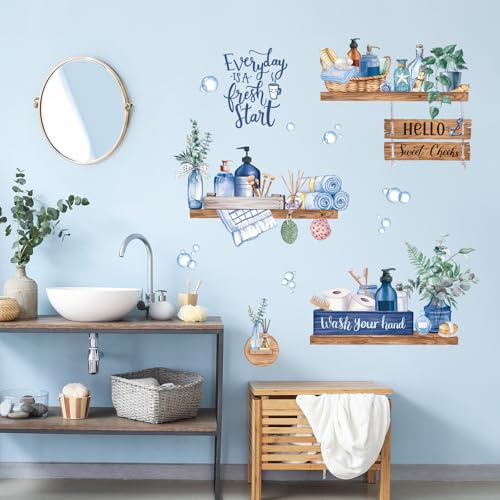 FUFUQUARE Adesivi Murali per Bagno 3D Impermeabile Asciugamano Blu Mensola Articoli da Toeletta Bolle Decalcomanie Murali Fai da te PVC Citazione Positiva Carta da Parati per Camera da Letto Toilette