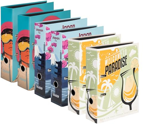 Original Pack of 6 Falken Retro Folders Assorted Made in Germany 8 cm Wide DIN A4 Black Interior Mirror Ring Binder Lever Arch File Letter Folder Office Folder Plastic Folder Motif Folder