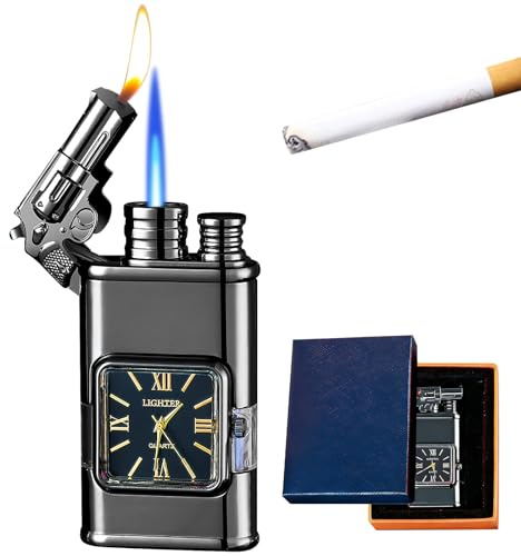 Feuerzeug mit Zwei Flammen aus Metall, Doppelflammenfeuerzeug mit Sichtbarer Luftkammer und Uhr, Winddicht Feuerzeug Sturmfeuerzeug für Männer Geschenks(Ohne Gas)
