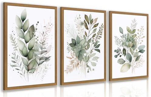 HLXRAE Watercolor Botanical Wall Art Set of 3, Neutral Sage Green Bathroom Wall Decor, Modern Floral Canvas Paintings, Minimalist Farmhouse Poster Prints for Bedroom Living Room Wood Framed 12x16 Inch