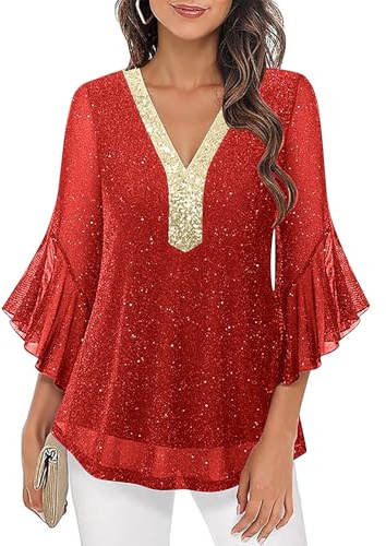 Chemisier Habillé À Paillettes Blouse Femme Chic Et Élégant Manches 3/4 À Volants Tunique À Paillettes Sequins Fluide Tee Shirts Brillant Chic pour Un Usage Quotidien Et Une Fête Parfaite
