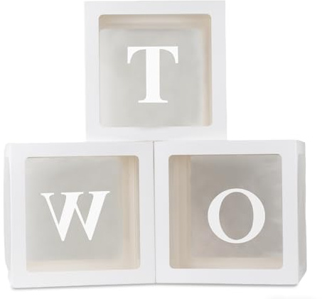 Lekabee Second Birthday Decorations For Boy Or Girl | 3 Pcs TWO Balloon Boxes For 2st Birthday, Baby Clear Blocks Party Decor With TWO Letters For Photoshoot Props