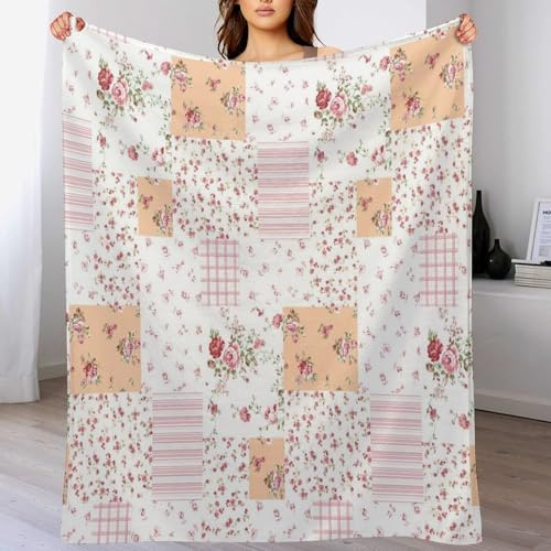 Patchwork Throw Blanket,Pink Boho Farmhouse Quilted Spring Floral Country Plaid Pattern Soft Cozy Warm Flannel Blankets for Sofa Couch Bed Gifts for Lover Kids Girls Boys Women Adults 30x40 Inch