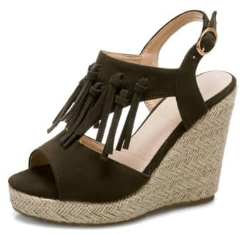 Generico Scarpe con Tacco A Cuneo Massiccio in Corda in Pelle PU Similpelle con Nappe Punta Aperta Tracolla Caviglia Regolabile Fibbia Estate Bohémien Appuntamento Serata Sposa,Verde,36 EU