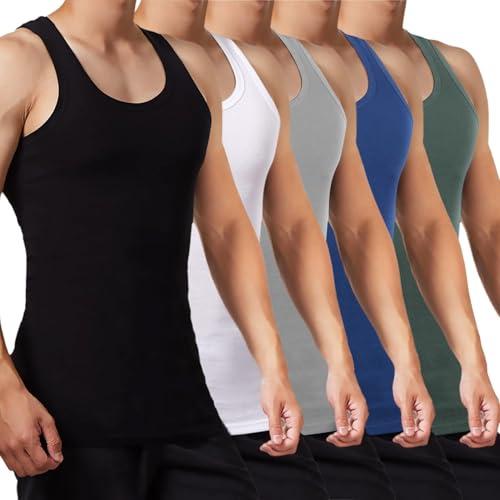 FALARY Camiseta de Tirantes para Hombre Pack de 5 de Algodón 100% más Colores Negro Blanco Gris Azul Marino Oliva L