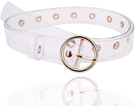 WedDecor 25MM Breit Klar Transparent PVC Damen Joker Harz Gürtel Gold Öse Ösen Rund Form Schnalle Freizeit Korsett Taille Gürtel Kristall Bund für Damen Jeans Hochzeit Party - Gelbgolden Kreis, 109cm
