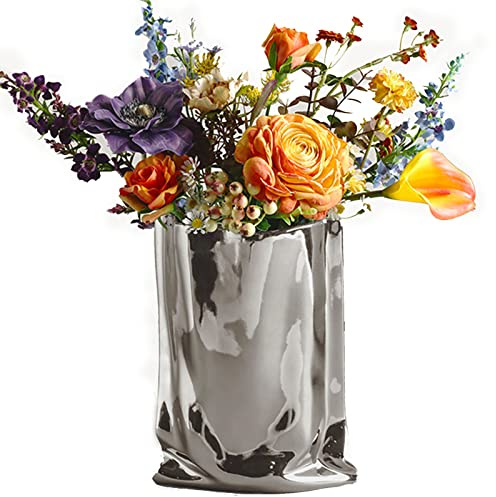 BLOFLO Silver Ceramic Modern Vase Crinkle Fold Paper Bag Handmade Ceramic Vase, Creative Flower Arrangement Ornaments, Decorative Vases for Home Decor, Mantel, Living Room Decoration (Silver)