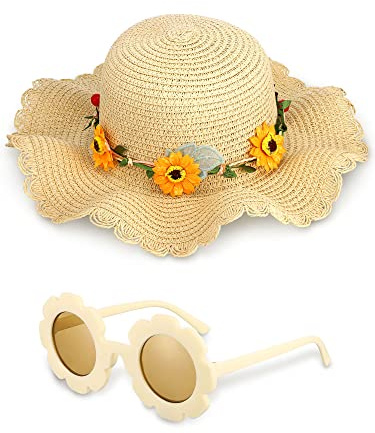 Cindeer 2 Pcs Girls Straw Summer Hat with Round Flower Sunglasses Set for Kids Large Brim Cute Sunflower Beach Sun Hat(Beige)