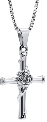 AMDXD Cadena para hombre, acero inoxidable, colgante de cruz, rosa, cadena de guisante, punk rock, gótica, cadena para hombre, 60 cm, Acero inoxidable, Sin circonitas cúbicas