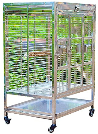 Jaula para loros de acero inoxidable súper grande, configuración de lujo con soporte de madera de pimienta china, rodillo inferior y 2 tazas de comida para tu loro grande
