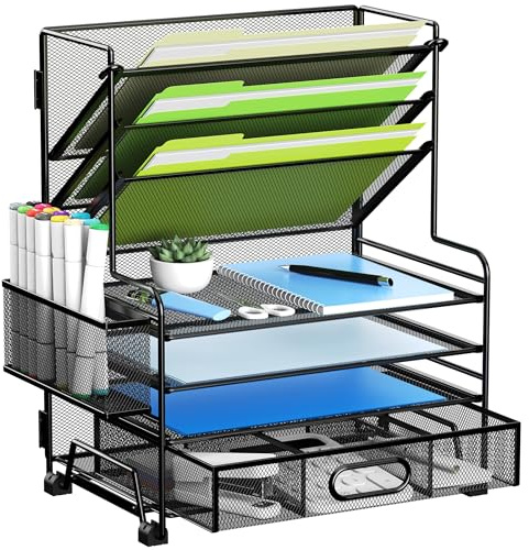 MINDEPOT 4-Tier Paper Organizer + 3-Pocket File Holder + Drawer + Pen Holders, Desktop File Organizers Paper Tray for Office Accessories School Classroom Organization (Black)
