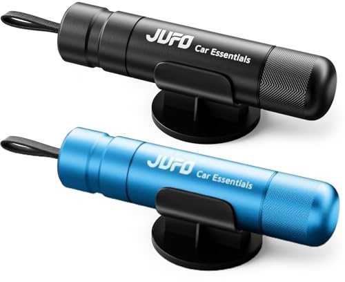 JUFO Pro 2 x Emergency Car Window Breakers & Seat Belt Cutters, Black/Blue | Flash Hammers for Tempered Side Glass with Recessed Cutters; Compact Pro Car Safety Tools for Front and Rear Vehicle Storage