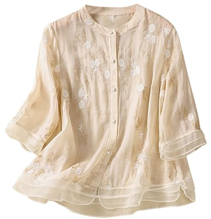 Donne a Tre Quarti Maniche Scollo a V Camicie in Cotone e Lino Top di Base Magliette Larghe Casual alla Moda Magliette Curvy Donna Classico Cotone e Lino Tees Ampia Versatile per L'Estate