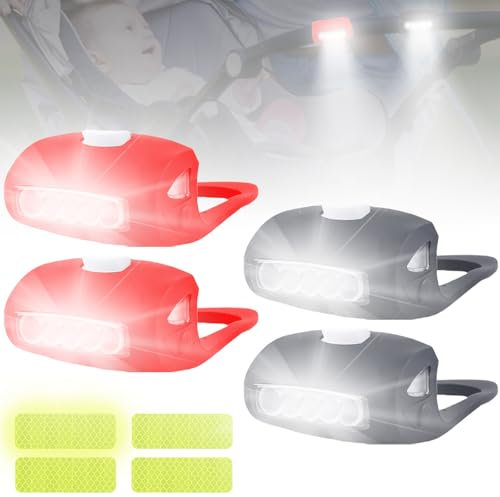 4 Stück Kinderwagen Licht, 7LED 3 Lichtmodi Wasserdichte Kinderwagenlicht mit Reflektoren, Silikon Buggylicht, Kinderwagen Licht Rot Weiß Leuchte Passend für Alle Kinderwagen Beleuchtung