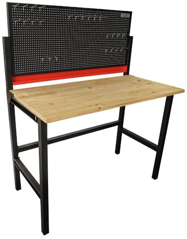 Établi d'atelier Pliable Mural - 120 x 64 x 147cm - Panneau Acier perforé - 25 Crochets - Plateau Bois ép 25mm