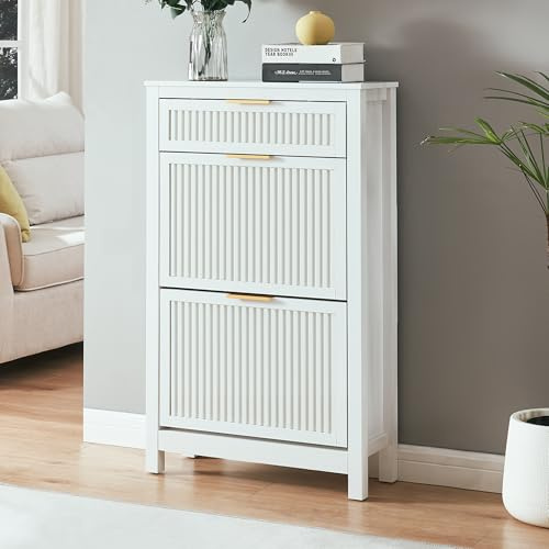 VIPLUMI 2 Flip Drawers Shoe Cabinet Storage for Entryway, Narrow Shoes Organizer Cabinet for Front Door Entrance, Free Standing Hidden Wooden Hallway Shoe Rack(White)