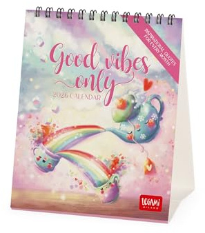 Legami - Calendario de Escritorio 2026, Good vibes only, 12 Meses y Planificador Anual, en 6 Idiomas, Signos del Zodiaco, Fiestas Internacionales, 12 X 14,5 Cm
